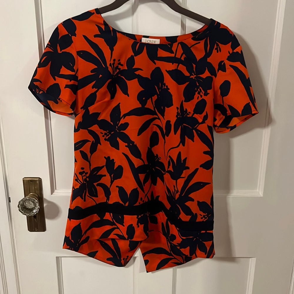 J. Crew orange and blue print blouse with asymmetrical back. Size XXS